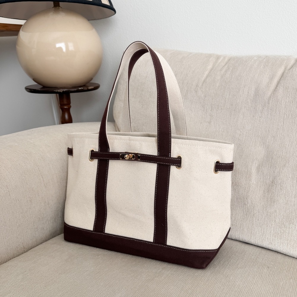 Crown & Coastal Canvas Tote Bag Brown Cream Gold Hardware Nautical Large